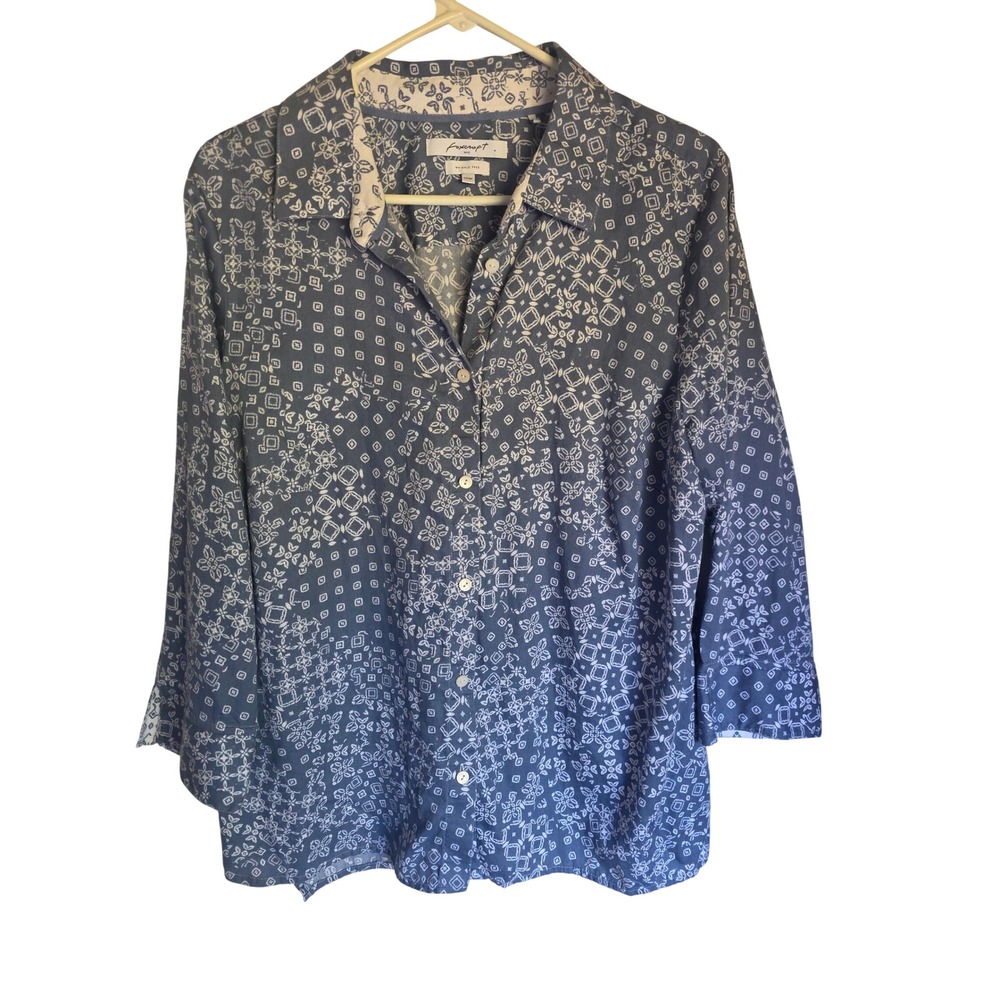 Foxcroft NYC Blue White Geometric Tile Print Wrinkle Free Cotton Shirt‎ 14W
